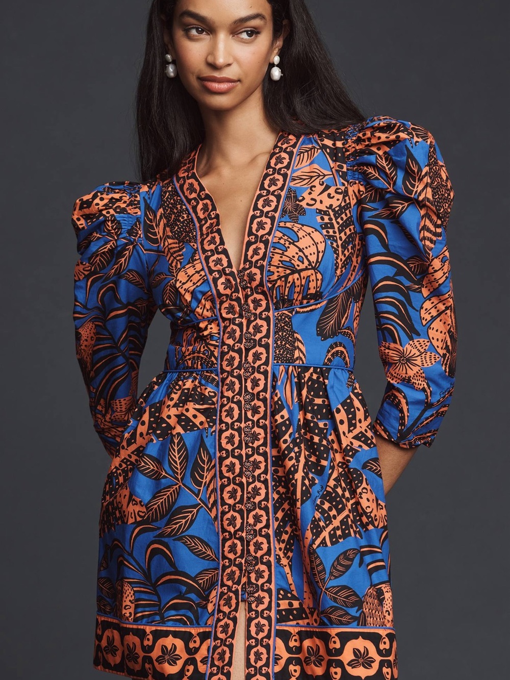 FARM Rio Electric Blue & Orange Botanical V-Neck Tunic